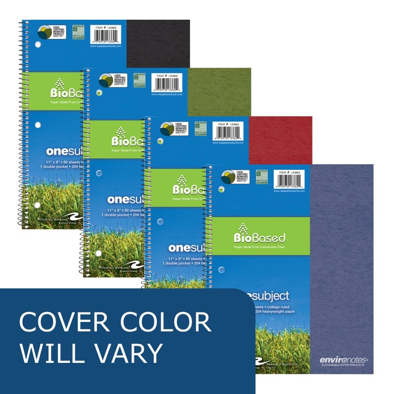 ROARING SPRING Environotes Recycled Spiral Notebook, 1 Subject, 11" x 9", 80 Perforated Sheets, 20 lb Bio-Based Paper, College Ruled w/Margin, Assorted Earthtone Covers, Double Pocket, Made in USA - Image 4